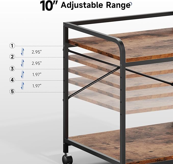 Warmiehomy 2 Tier Printer Stand with Storage, 22 Inches(55cm x 50cm) Under Desk Rolling Printer Cart with Height Adjustable Shelf, Large Printer Table for Home Office, Rustic Brown