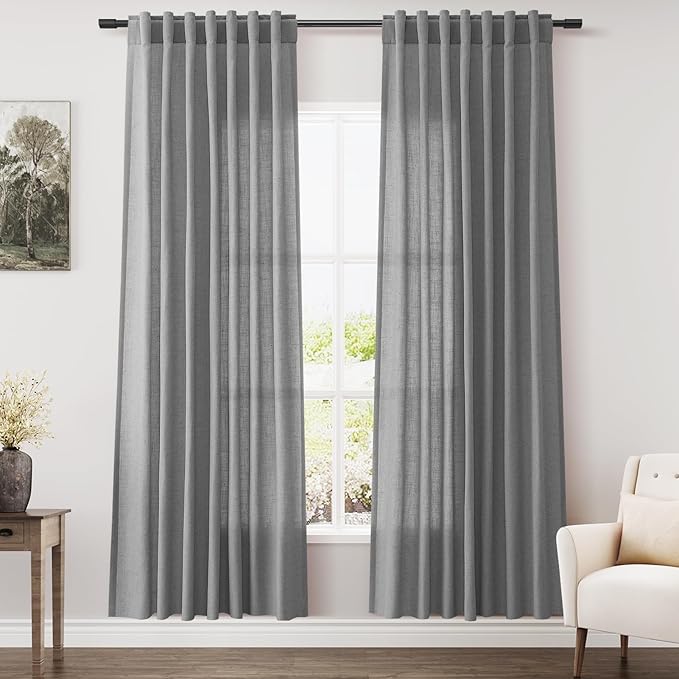 Nanspring Dark Gery Semi Sheer Curtains 72 Inches Long 2 Panels Set for Bedroom Privacy Back Tab Rod Pocket Light Filtering Drapes Cotton Linen Textured Farmhouse Living Room Curtain 52X72 Inches