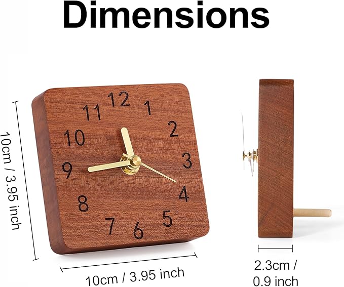 Wooden Table Clock on Stand, Decorative Battery Operated Desk and Shelf Clock, Silent Non-Ticking Desktop Clock for Office, Living Room or Bedroom Decor, Square Shape, Sapele Wood