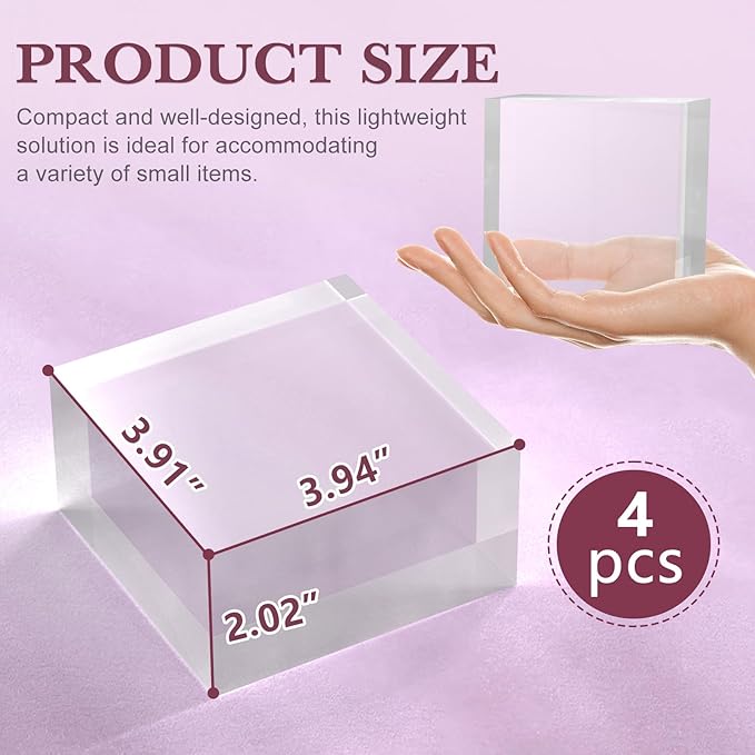 Acrylic Base Stand 4 Pieces Acrylic Blocks for Display 4 X 4 X 2 Inch Clear Polished Block Square Cube Riser Display Pedestal Stands for Jewelry Perfume Ring Collection Props Cake