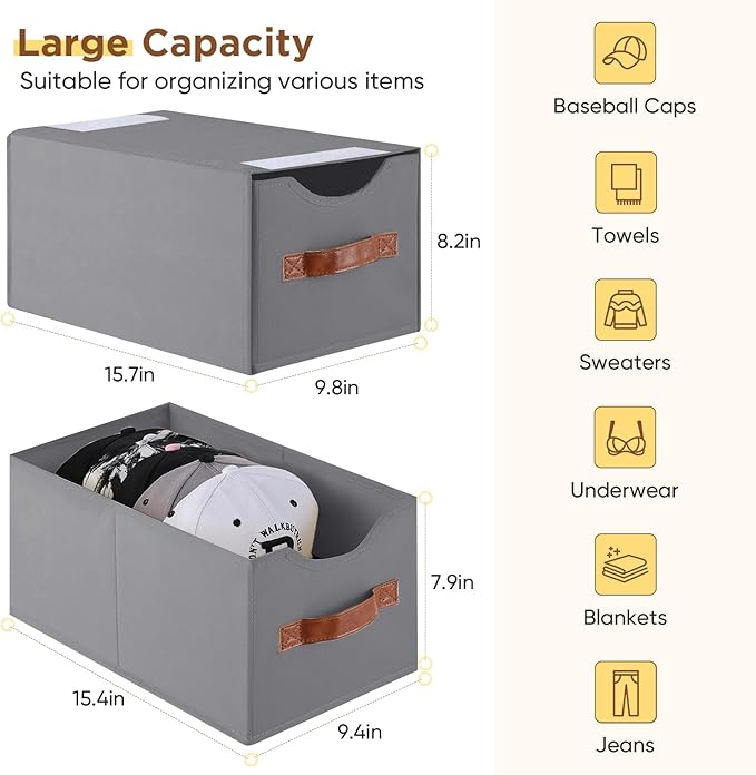 2 Pack Stackable Storage Drawers, Fabric Closet Organizers and Storage with Handles and Clear Window, Pull-Out Clothes Storage Bins with Drawer for Closet, Bedroom, Living Room, Under Bed, Gray