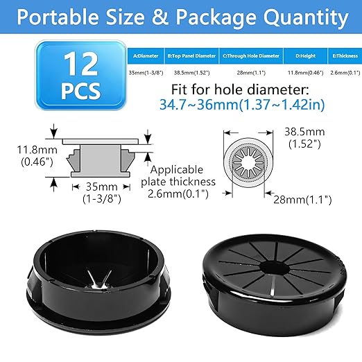12 Pcs Cable Grommet, Snap Bushing 1-3/8" (35 mm) Mounting Diameter, Flexible Petal-Shaped Buckle Round Nylon Desk Grommet for Wires Through Countertop Cord Organizer and Protection, Black