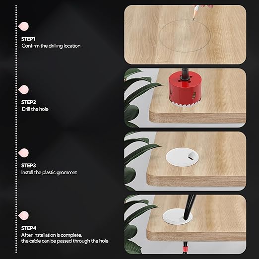 8Pcs 2-3/8" (60 mm) Black Desk Grommet, Plastic Grommet with Hole Saw, Desk Wire Grommet with Hook and Loop Tape