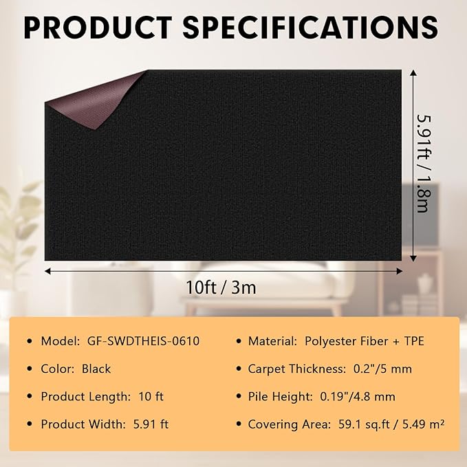 Marine Carpet - 6 FT x 10 FT Black Indoor Outdoor Rug (0.2" Thick) with Water-Proof TPE Backing, Non-Slip Outdoor Marine Carpet Roll for Home, Patio, Porch, Deck