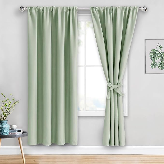 JIUZHEN Blackout Curtains for Bedroom– Thermal Insulated,Noise Reducing Room Darkening Rod Pocket Curtains for Living Room, Set of 2 Panels with Tiebacks, 42 x 72 inch Long, Light Green