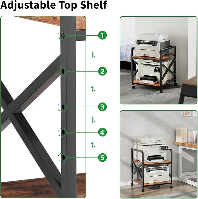 Ollieroo 2 Tier Printer Stand with Storage Shelf, Printer Table with Height Adjustable Top Shelf, Under Desk Storage Printer Cart for Paper Shredder Scanner, 3D Printer Stand for Home Office(Vintage)