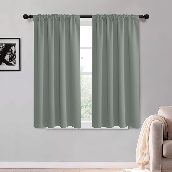 KGORGE Bathroom Window Curtains 54 inches Long, Privacy Energy Efficiency Blackout Room Darkening Curtains for Kitchen Bedroom Bathroom Dining Room, W52 x L54 inches, Grayish Green, 2 Panels