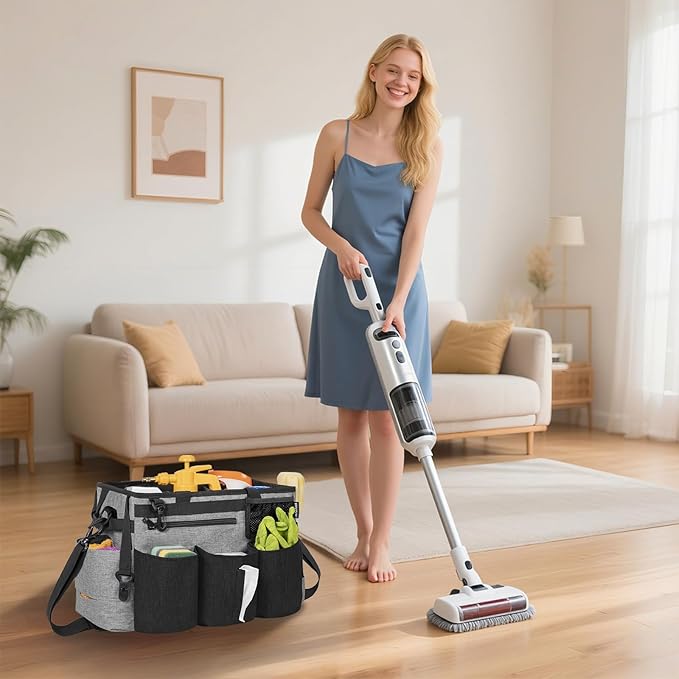 Wearable Cleaning Caddy Bag for Cleaning Supplies,Large Capacity Cleaning Organizer Grey