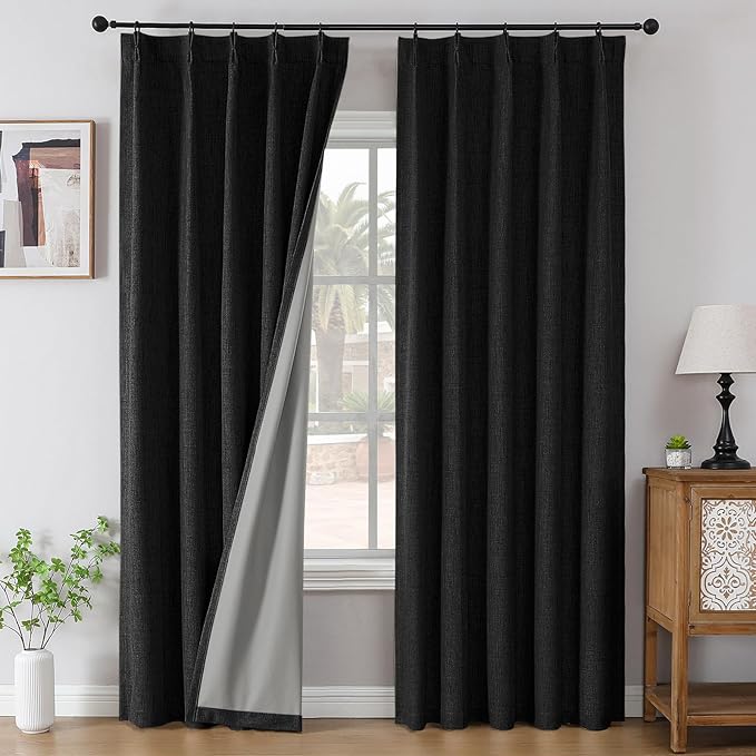 Joydeco Pinch Pleated Curtains - 100% Blackout for Bedroom, Black Linen Curtains 40" W x 72" L, Thermal Insulated 2 Panels Light Blocking Drapes, Back Tabs for Living Room