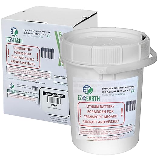 Primary Lithium Battery Recycling Container - 0.5 Gallon, Battery Disposal Bin with Lid That Holds up to 8.8 lbs Batteries - Recycling Pail with Cardboard Box