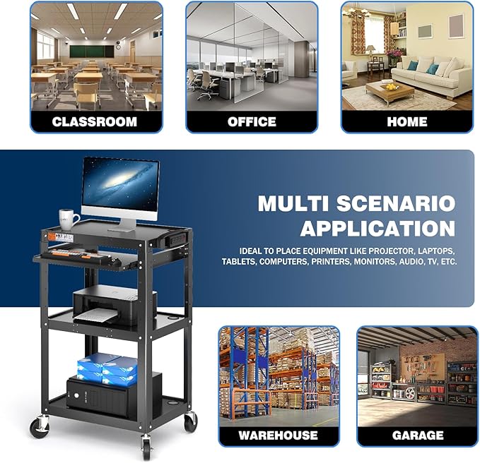 Steel AV Cart on Wheels - Rolling Projector Cart with Height Adjustable Shelf, Pullout Keyboard Tray, Power Strip, Cord Management - Mobile Media Carts Computer Workstation for Office Classroom