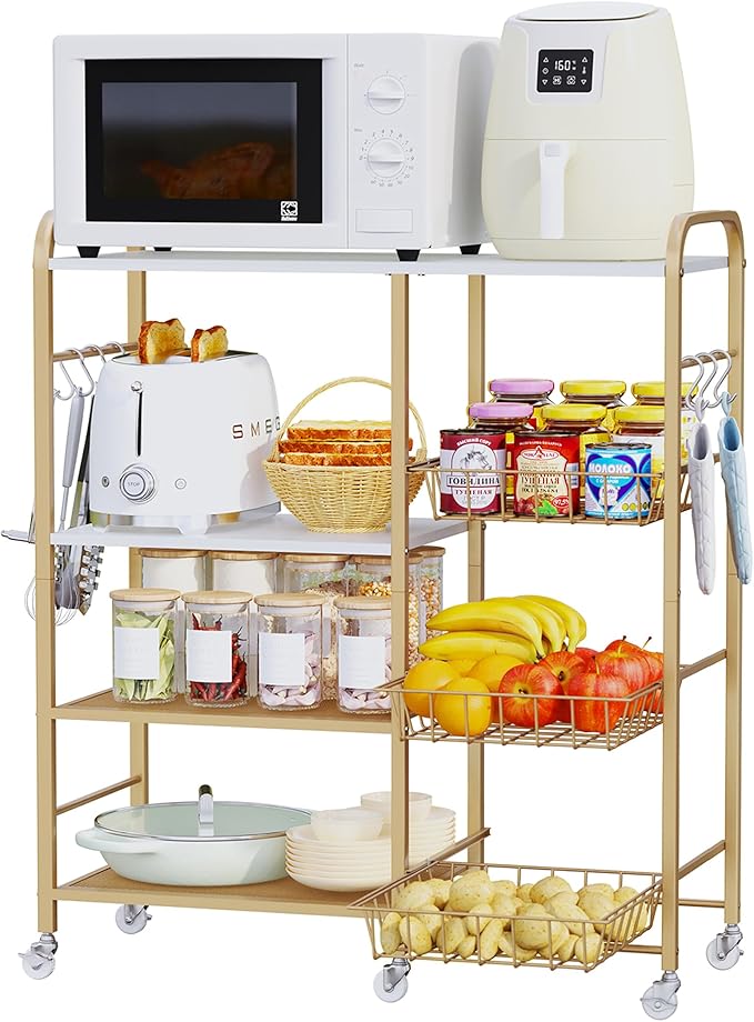 HapiRm Rolling Kitchen Microwave Cart - 4 Tier Microwave Table Stand with Pull-Out Baskets, Coffee Bar Baker's Rack with Wheels Rolling Storage Cart Organizer Shelf for Living Room Office, Balcony