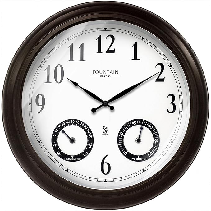 20" Evander Large Outdoor Atomic Wall Clock with Temperature & Humidity, Waterproof Outdoor Clock Thermometer Combo for Patio, Pool and Garden Decor,Oil Rubbed Bronze Black