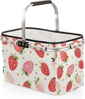 Collapsible Picnic Basket with Handle, Shopping Basket Aluminum Frame, Grocery Basket Tote for Women, Farmers Market Basket, Harvest Baskets Camping Travel Portable Beach Bag (White Strawberries)