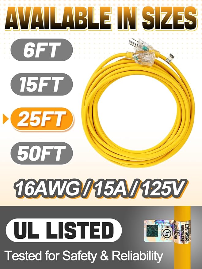 Lighted End Heavy Duty Outdoor Extension Cord Waterproof -16AWG, 3 Prong, 15A, 1875W, Flexible Yellow Power Extension Cord for Outsides, 25ft