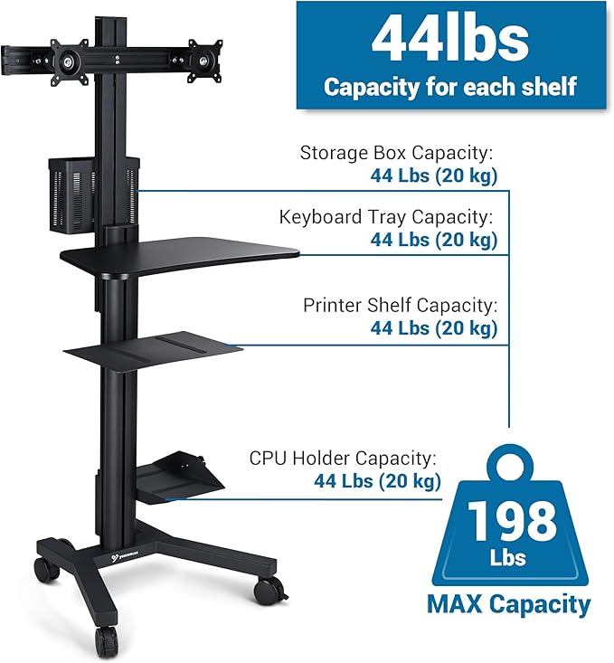 Yescom Mobile Computer Cart on Wheels Rolling PC Stand Desk Work Station Dual Monitor Mount Adjustable Keyboard Tray CPU Printer Holder for Lab Warehouse Black