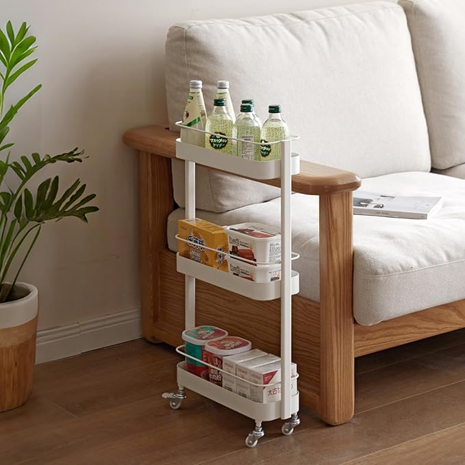 Rolling Storage Cart, 3 Tier Bathroom Organizer Mobile Shelving Unit, Metal Utility Cart Tower Rack for Kitchen Laundry Narrow Places(Fully Assembled Furniture, White)
