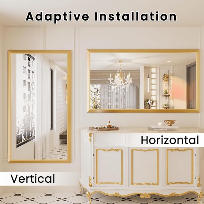 Amorho Bathroom Mirror, 60x36 Inch Golden Thick Metal Framed Wall Mirrors for Over Sink, Wall-Mounted Mirrors Perfect for Bedroom, Living Room, Entryway, Rectangle (Horizontal/Vertical).