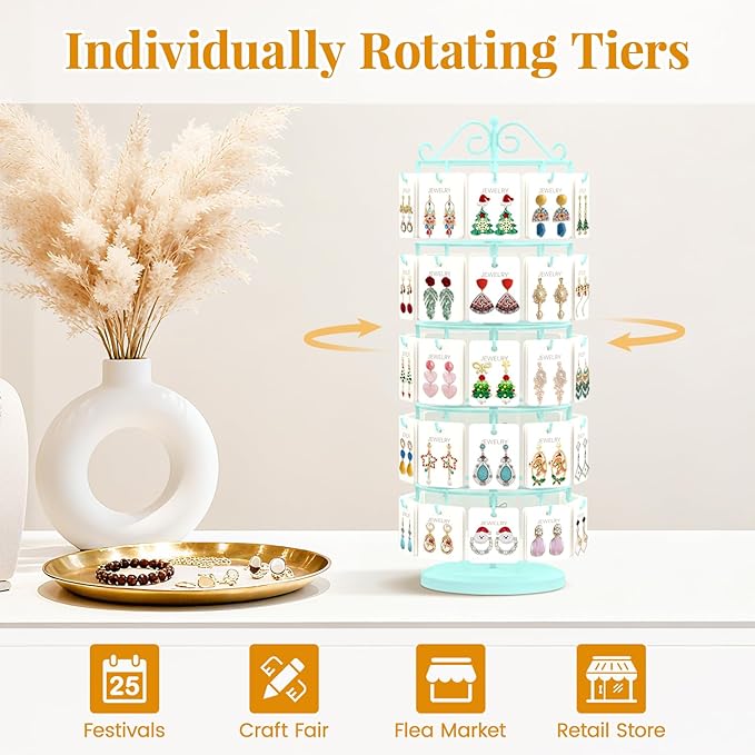 EsLuker.ly Earring Holder Organizer Rotating Display Tree Stand, Adjustable Height Earring Card Hanger Rack with 50 Hooks for Vendors Market Selling, 5 Tier Metal Jewelry Storage Tower,Blue