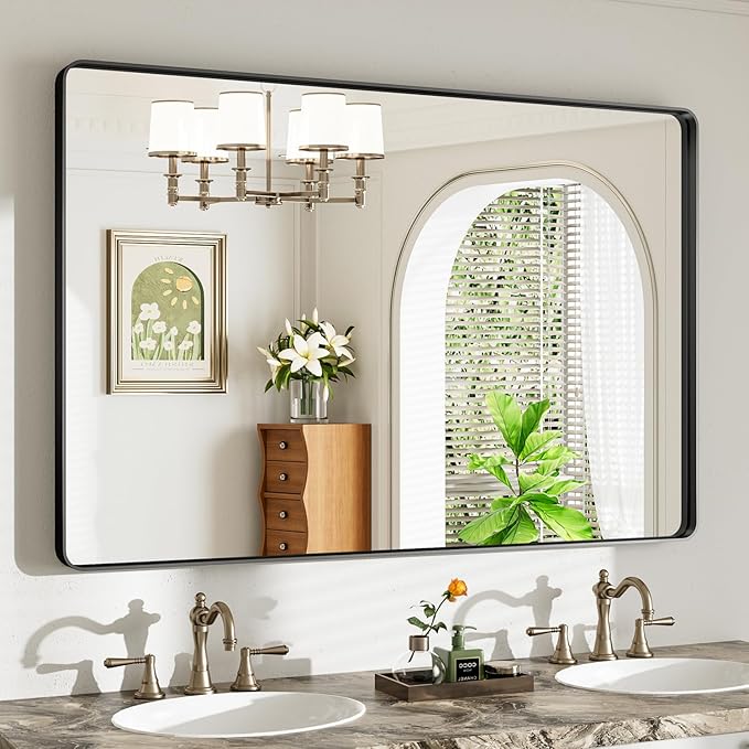 48X32 Black Bathroom Mirror for Over Sink, Metal Framed Vanity Mirror Wall Mounted, Rectangle Mirror for Bedroom Living Room Restroom Entryway, Anti-Rust, HD Tempered Glass