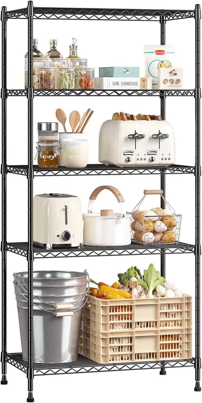 5-Tier Shelf, Shelves Capacity 1010LBS,Storage Shelves Adjustable Wire Shelving,Metal Shelving Unit Storage Rack for Kitchen Pantry Closet Laundry School Commercial 59.4" Hx21.5 W x13.6 D
