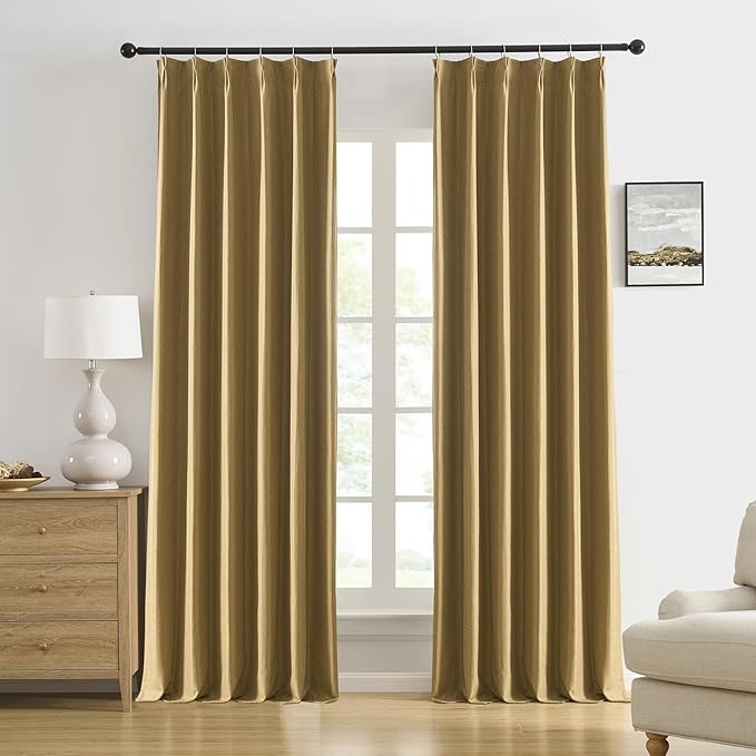 DUALIFE Gold Tan Pinch Pleated Blackout Curtains 144 Inches Long, Back Tab with Hooks, Linen Full Black Out Thermal Insulated Track Curtain for Bedroom Living Room,40 W x 144 L, 2 Panels