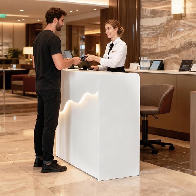 Reception Desk with Counter LED Light, Modern Front Desk with Lockable Drawer, White Retail Checkout Counter for Clothing Store Lobby Beauty Salon (White, 37.8x31.5x15.7in)