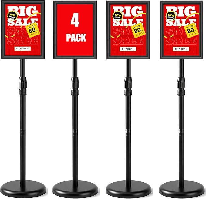 USCNC Sign Holder Stand 8.5x11 inch - Adjustable Floor Standing Sign Holder -Snap open frame,360° Rotation for Malls,Schools,Restaurants (Black 4 Pack)