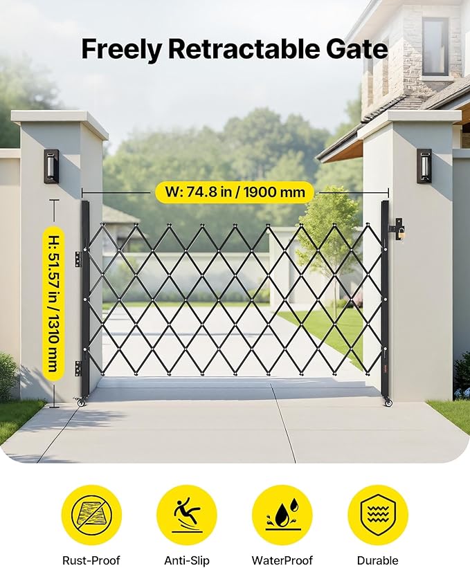 VEVOR Single Folding Security Gate, Lockable Scissor Gate with 360° Swivel Casters, Outdoor Barricade Steel Retractable Gates, for Entry Security, Garage, Warehouse & Pool, 74.80 x 51.57 in (W x H)