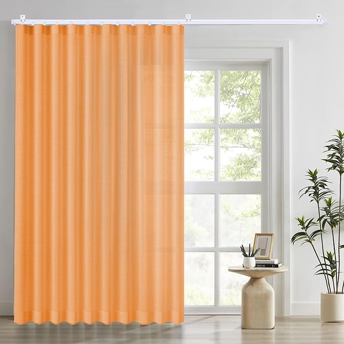 Faux Linen Semi Sheer Extra Wide Room Divider Curtain with Flexible Curtain Track, Light Filtering Privacy Drapes for Window Sliding Glass Door, Living Room Bedroom, Sunset Orange,100"W x 84"L,1 panel