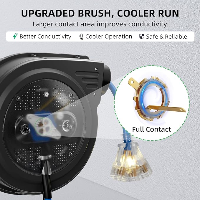 80FT Retractable Extension Cord Reel, 14 AWG/3C SJTOW Heavy Duty Power Cord with Lighted Triple Outlet, 13A Circuit Breaker, 180° Swivel Wall/Ceiling Mount Retractable Cord Reel, ETL Listed, Blue