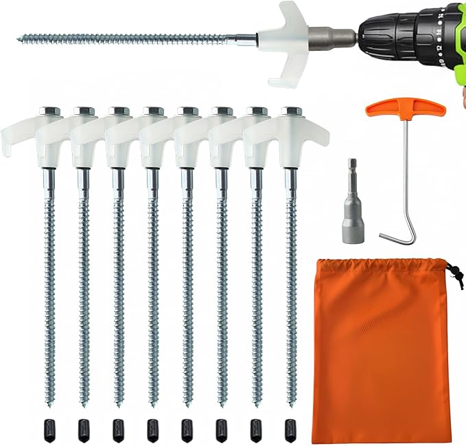 Screw in Tent Stakes Heavy Duty,8 Inch Ground Anchors Screw in,Metal Stakes with Hex Head Driver,Camping Tent Accessories (8, White)