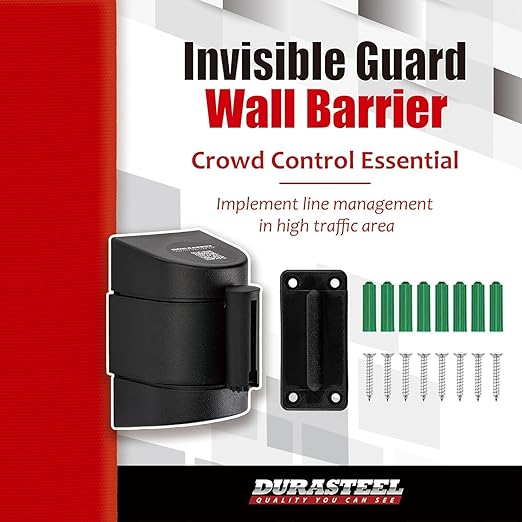 DuraSteel Wall Mount Retractable Belt Barrier - 6.5 Ft Red Safety Belt in Black Casing - Guardian 2.0 Indoor & Outdoor Do Not Cross Caution Tape for Crowd Control Queue Barrier, Line Divider, 10 Pcs