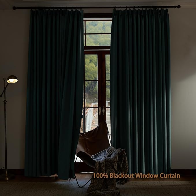 Textured Linen Pencil Pleated 100% Blackout Curtains for Bedroom/Living Room Blackout Curtains 120 Inches Long, Energy Saving Window Treatment Curtains,26Wx120Lx2,Green