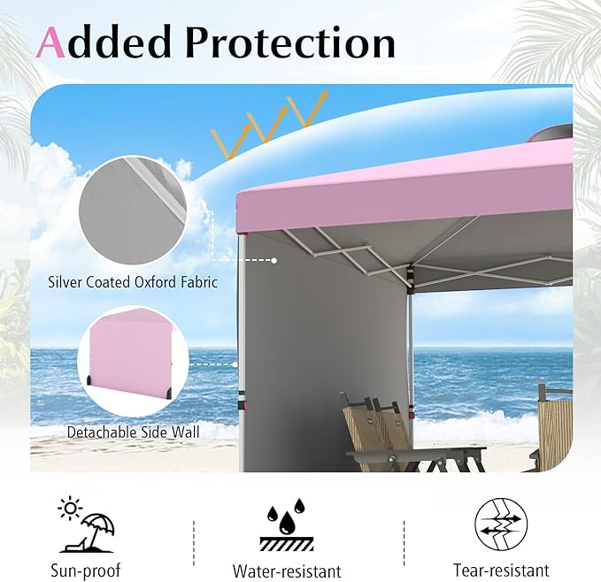 Tangkula 10x10 FT Pop up Canopy with Sidewall, Easy Setup Outdoor Tent with Wheeled Bag, 4 Sandbags, 4 Ropes, 4 Anchors, 8 Stakes, Vented Top, Portable Canopy Tent for Party Event Patio (Pink)