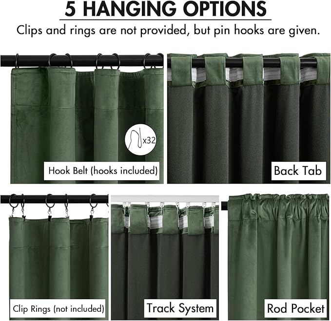 MIULEE Velvet Curtains 90 Inches Long 2 Panels Set for Bedroom, Pinch Pleat Back Tab Luxury Thermal Insulated Living Room Darkening Drapes Pleated Blackout Window Curtains with Hooks, Olive Green