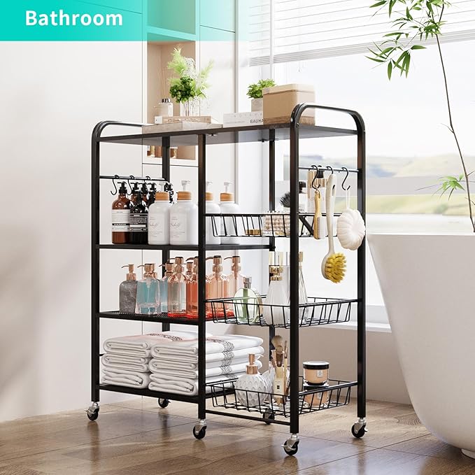HapiRm Rolling Kitchen Microwave Cart - 4 Tier Microwave Table Stand with Pull-Out Baskets, Coffee Bar Baker's Rack with Wheels Rolling Storage Cart Organizer Shelf for Living Room Office, Balcony