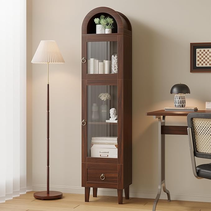 71” Tall Arched Pantry Cabinet with Glass Door, Display Cabinet Organizer with Drawer, Versatile Pantry with Top-Opening Storage Container for Living, Kitchen Dining Room, Brown