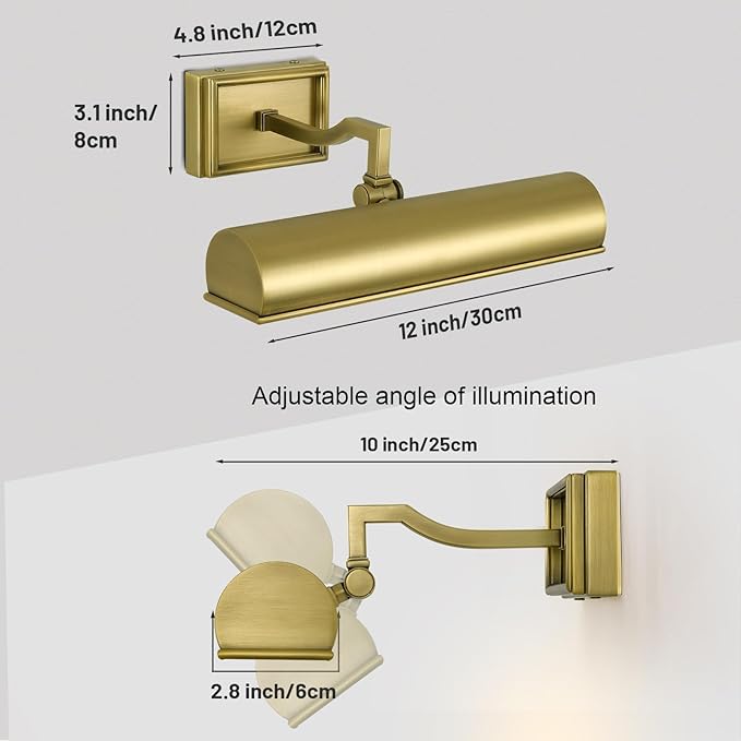 Modern 12in Brass Picture Lights for Wall Hardwired, Gold Picture Light Adjustable Picture Frames Lights Wall Sconce for Painting, Artwork, Gallery, Bookshelves Includes Bulbs