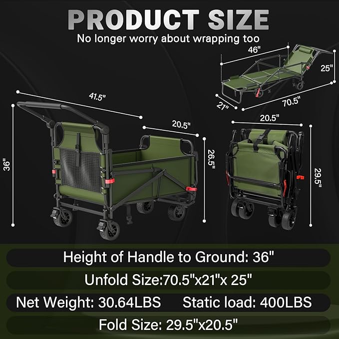LEVELEVE Heavy Duty Folding Wagon - 2-in-1 Collapsible Cart, 400lb Capacity, All-Terrain Wheels w/Brakes & Side Pockets