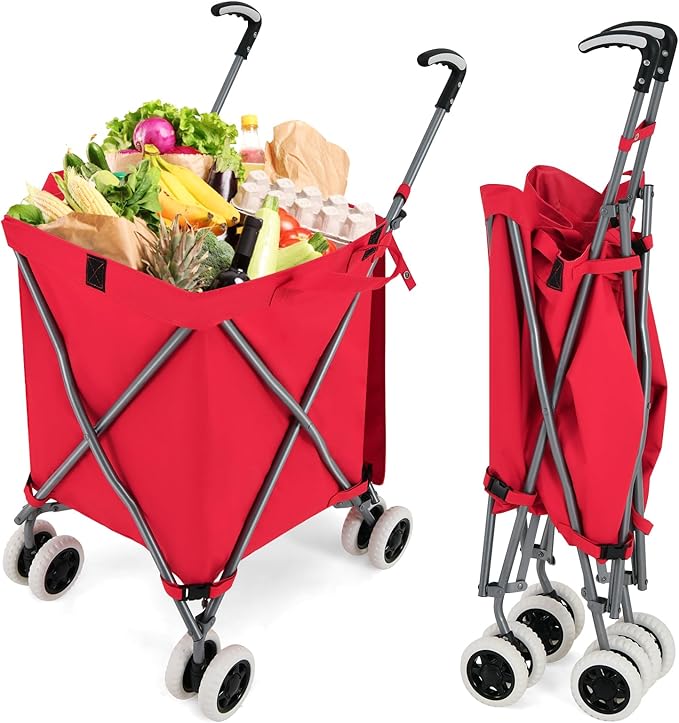 Goplus Folding Shopping Cart with Wheels, Grocery Cart with Removable Oxford Cloth Liner, Lightweight Utility Cart for Groceries Laundry, Red