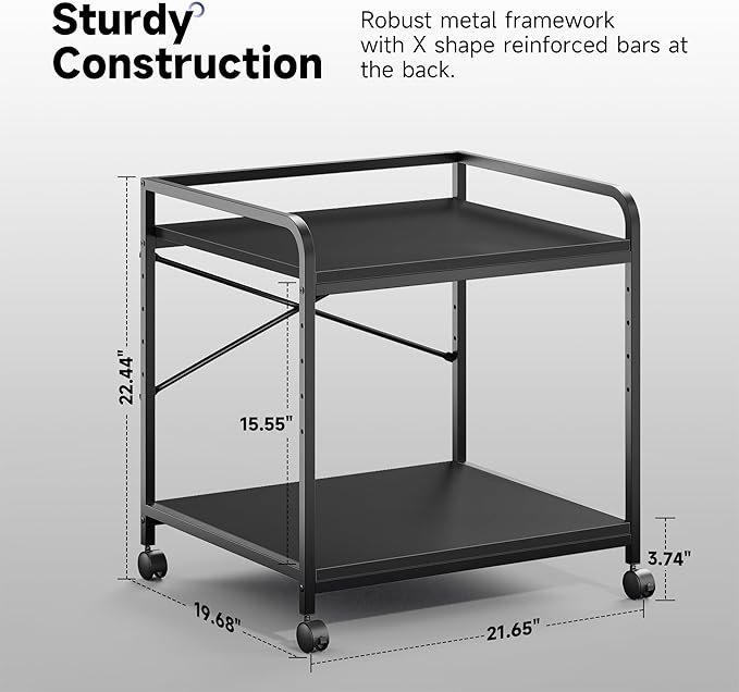 Warmiehomy 2 Tier Printer Stand with Storage, 22 Inches(55cm x 50cm) Under Desk Rolling Printer Cart with Height Adjustable Shelf, Large Printer Table for Home Office, Black