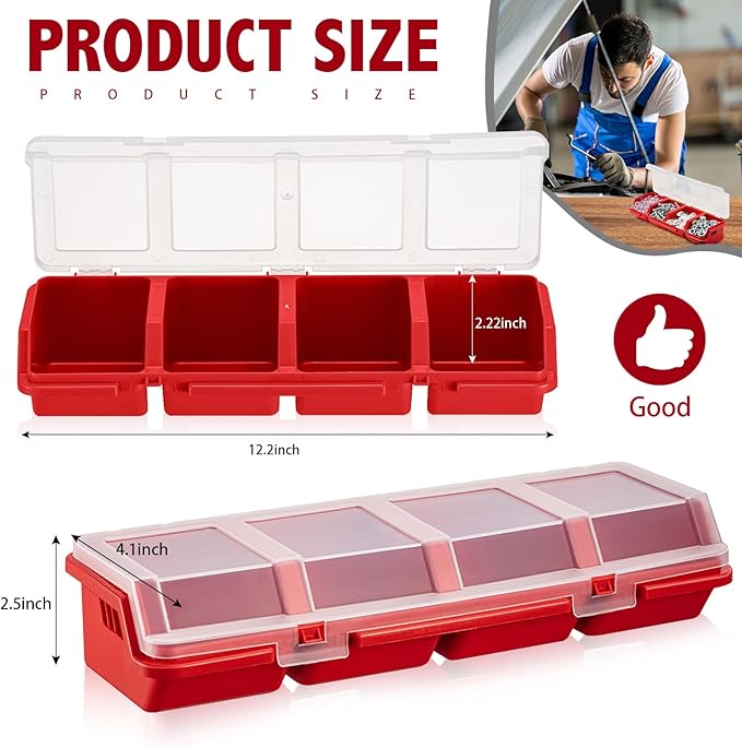 Hushee 6 Pcs Screw Organizer Box with Lid 4 Compartments Tool Bin Divider Plastic Stackable Hardware Organizer Small Part Storage Sorting Screw Box for Garage Workbench Craft Storage (Red)