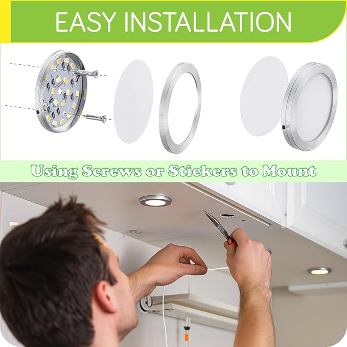 Under Cabinet LED Puck Lighting, Book Case Display Accent Lighting, Octopus Connection, 110VAC Wall Plug & Hard Wire, Inline Remote Dimmable, Cool White, 16 Lights