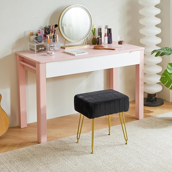 IBUYKE Velvet Rectangular Footrest Ottoman, Makeup Vanity Stool Side Table, Dressing Table Seat, Pouf Couch Stool, Golden Steel Legs, Black LG-51B
