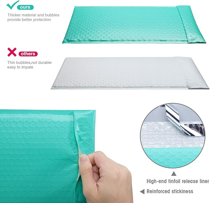 GSSUSA Teal Bubble Mailers 8.5X12 Inches 500 Pack, Padded Poly Bubble Mailer, Large padded Envelopes Strong Adhesion Bubble Envelopes,Self-Seal Mailing Envelopes for Small Business,Package Supplies
