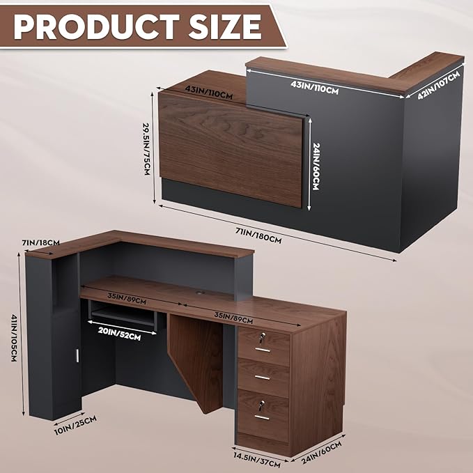 L-Shaped Modern Reception Desk with Counter & Storage - 71" Large Office Front Desk, Salon Checkout Counter with Lockable Cabinets, Shelves(Brown & Black, Right - 71''L x 34''W x 41''H)
