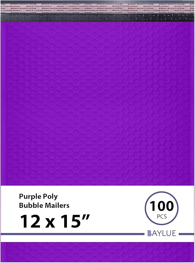 Purple Large Poly Bubble Mailers 12x15 inch | Self Seal Padded Envelopes Cushioned Bubble Mailer | Usable Size 12x15 | WaterProof | Lightweight mailing Shipping Bags | 100 Pack Bulk