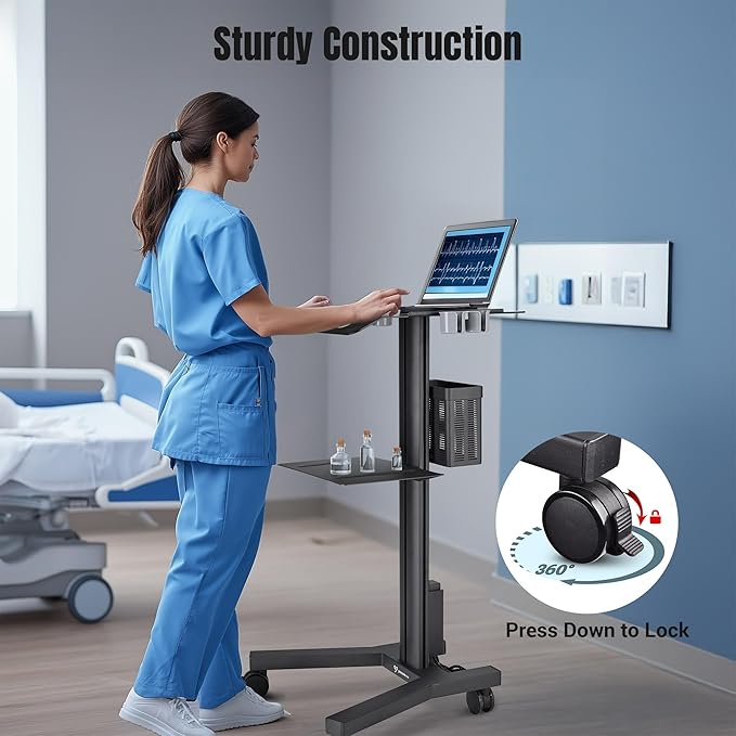 AW Mobile Laptop Cart Medical Rolling PC Stand Computer Workstation on Wheels with Handle 220 Lbs Capacity CPU Printer Power Strip Holder for Lap School Office Salon Spa Dental