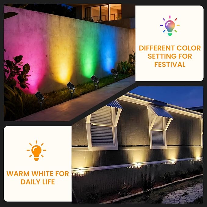 Christmas Spotlights Outdoor: RGBW LED Spot Light Plug in 120V Remote Control 16 Color Changing Landscape Spotlights for Yard Outside House Garden Lawn Path Tree Holiday Décor, 4 Pack (RGB+Warm White)